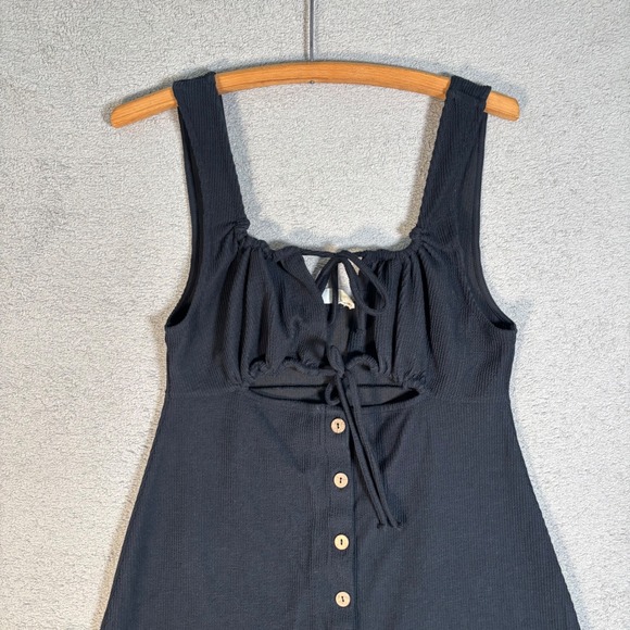 FP Beach Black Ribbed Mini Dress Size L Button Front Cutout Tie Neck Free People - Picture 5 of 12